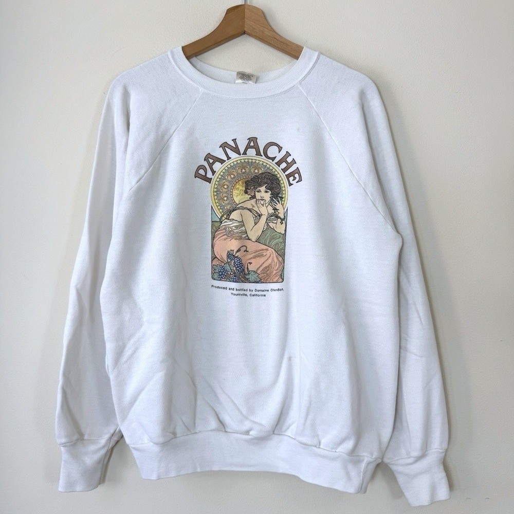 Vintage 80's Panache Wine California Grapes Lady Art White Sweatshirt - Large